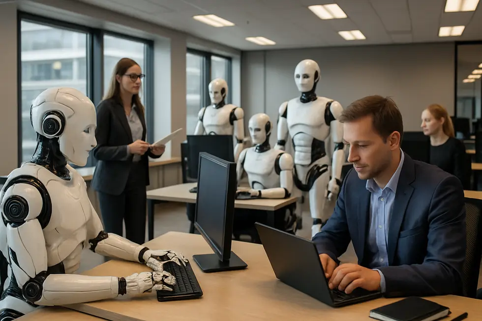 Futuristic office with AI agents and automations working together in business operations.
