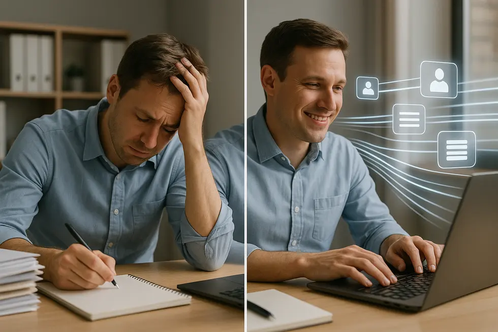 An office worker experiencing transition from manual CRM updating to automated efficiency.