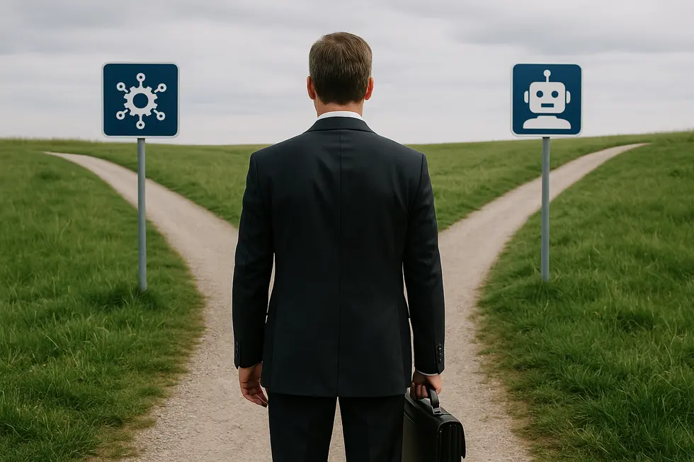 Illustration of a business leader choosing between AI automation and AI agents.