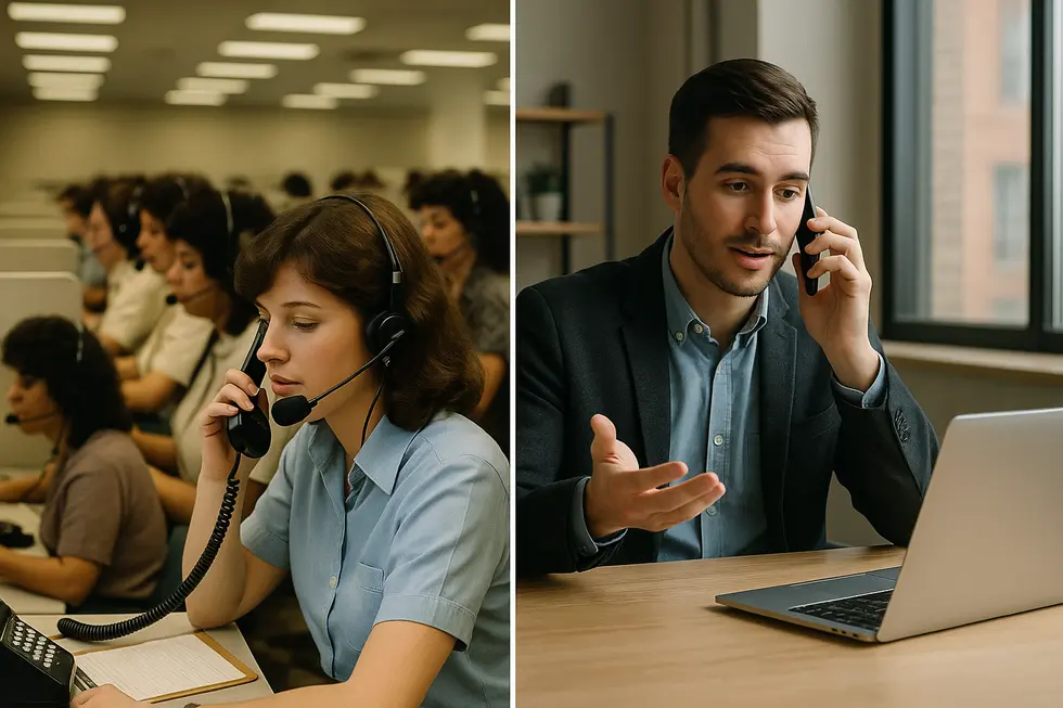 A split-screen image of traditional call center and modern personalized call setup.