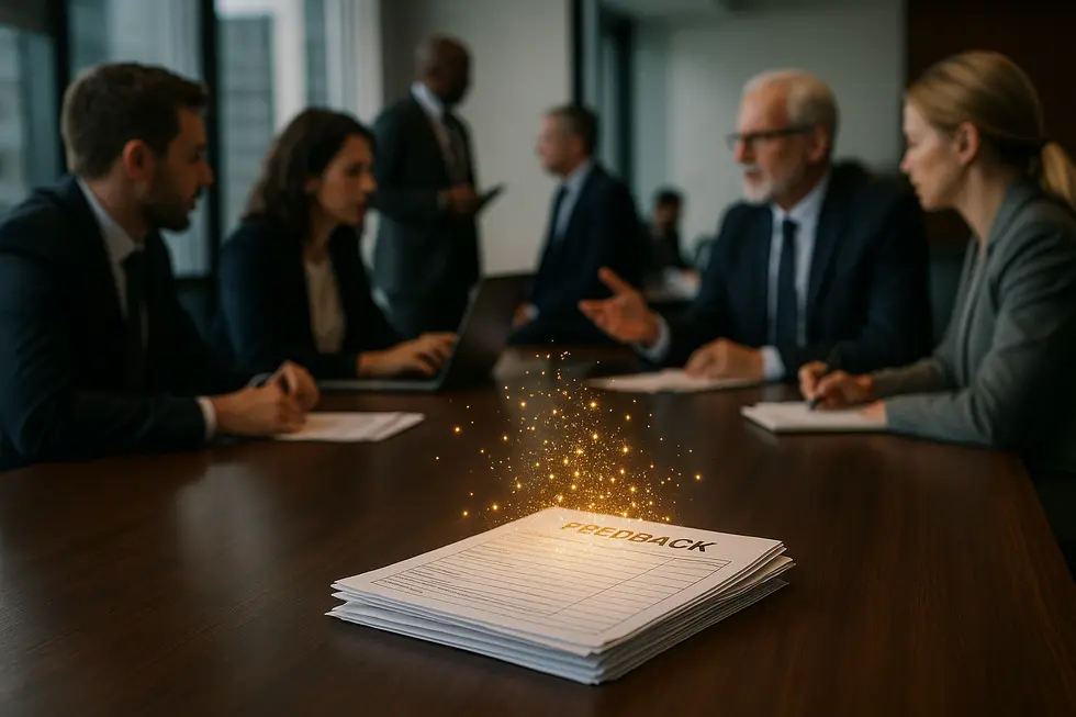 Executives in a busy office overlooking a stack of valuable customer feedback, symbolizing missed opportunities.