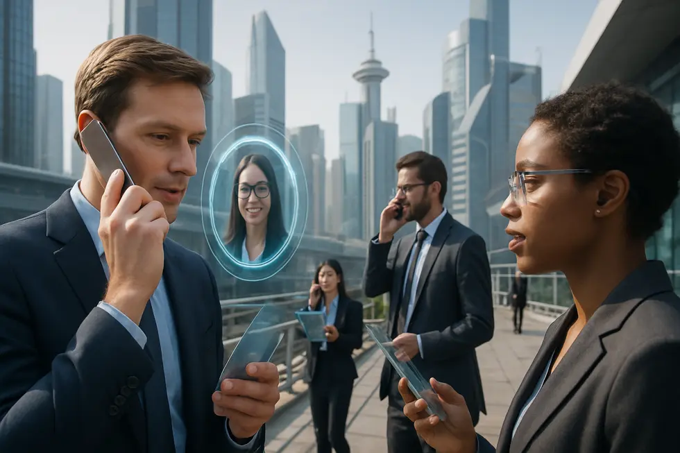 People in a futuristic city engaging in modern, tech-driven cold calling.