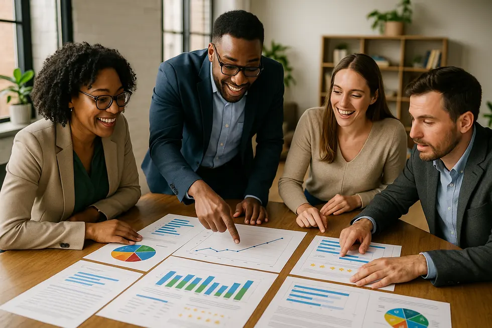 Executives in a busy office overlooking a stack of valuable customer feedback, symbolizing missed opportunities.