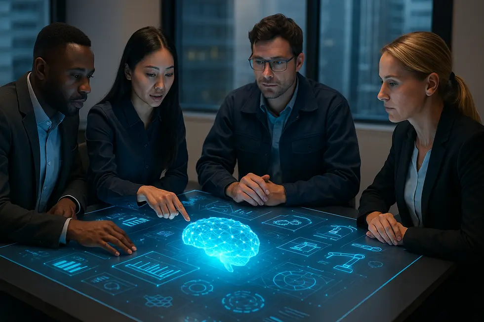 Industry professionals collaborate around AI technologies, symbolizing AI’s integration in diverse sectors.