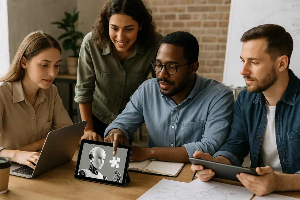 Industry professionals collaborate around AI technologies, symbolizing AI’s integration in diverse sectors.