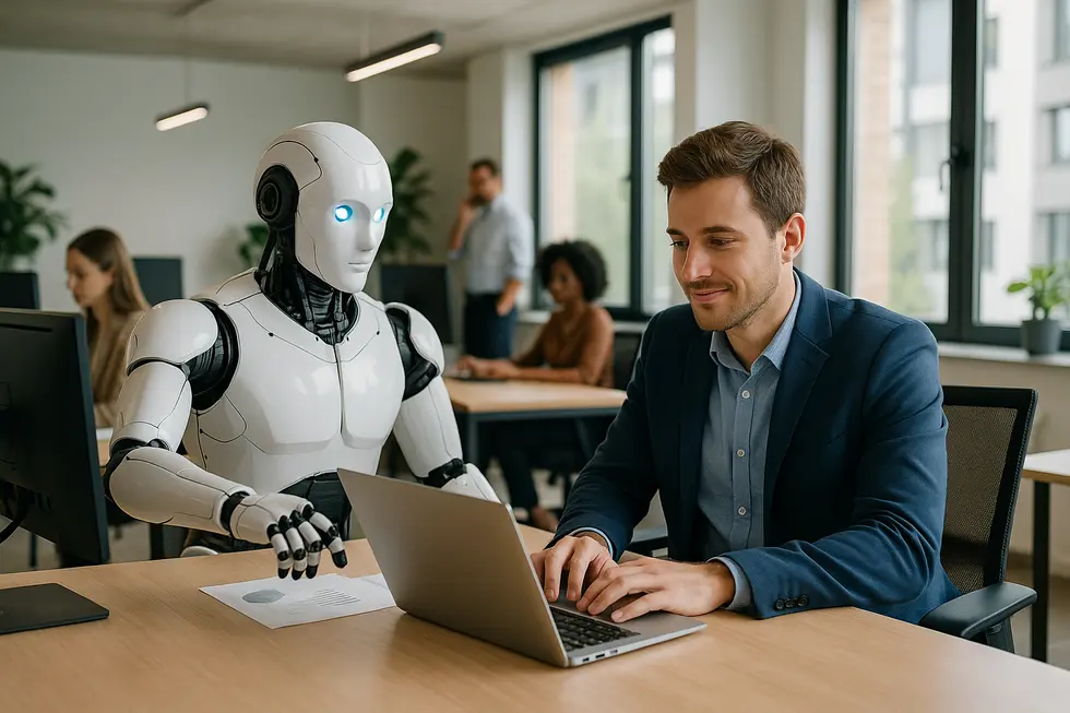 AI tools operating alongside employees in an office environment, illustrating the coexistence and integration of AI in modern businesses.