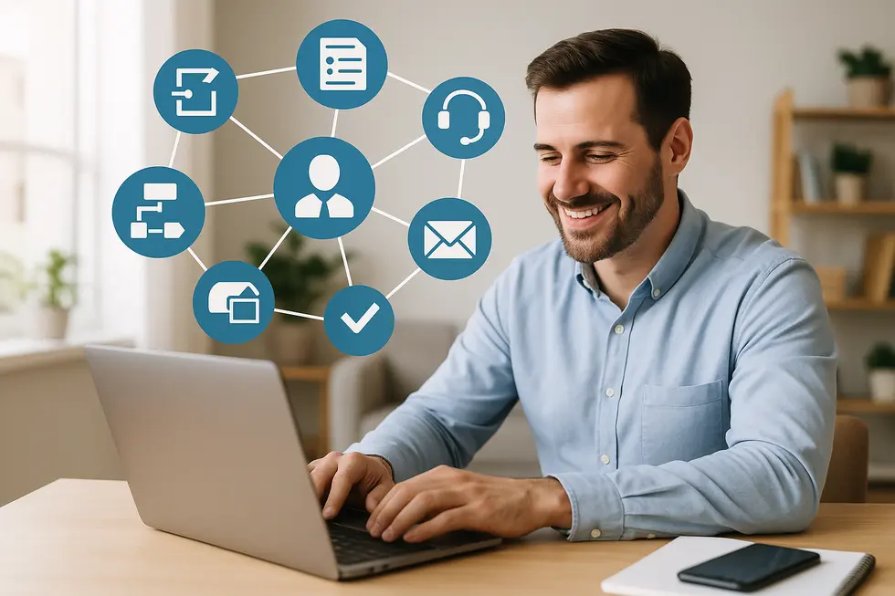 Network of automated processes in a business setting representing follow-up strategies.