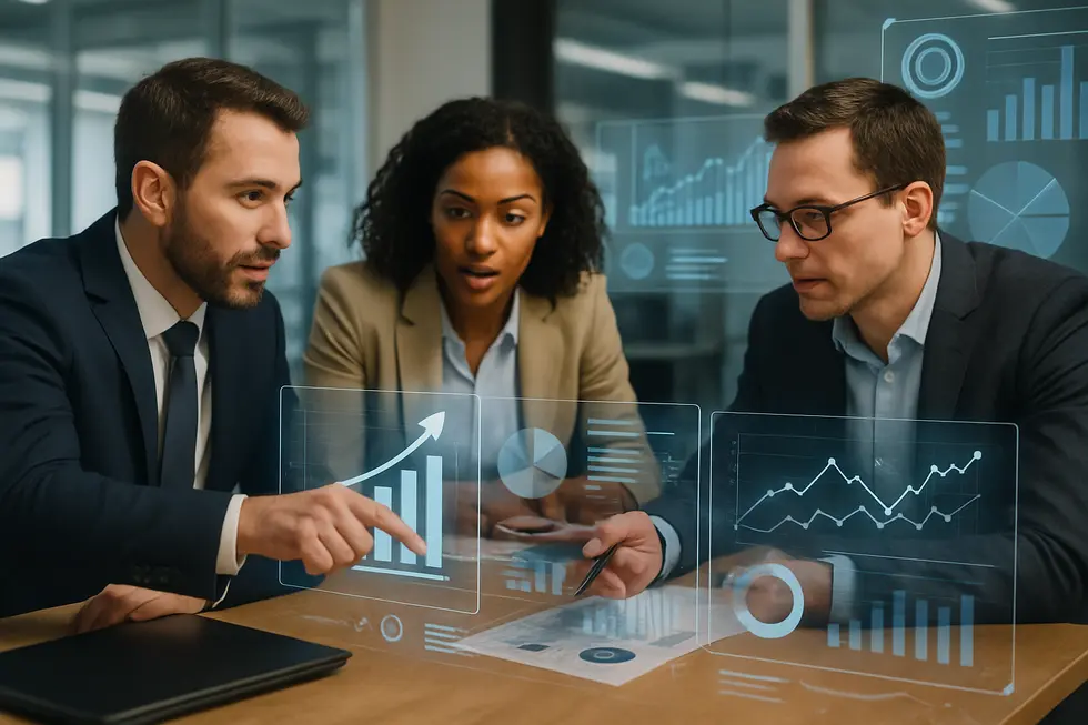 Executives in a meeting room discussing strategies with charts and digital displays.