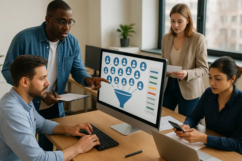 A photo-realistic depiction of a team in an office managing digital leads, capturing the essence of a consistent lead management strategy.