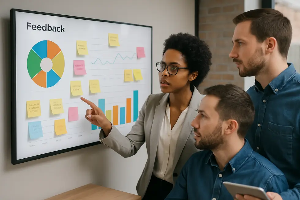An engaged team of professionals analyzing feedback on a digital display with charts and post-its.