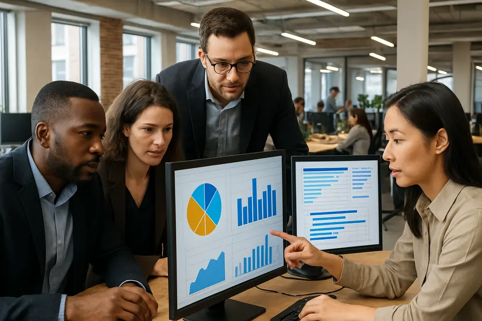 Office scene with professionals analyzing lead metrics collaboratively.