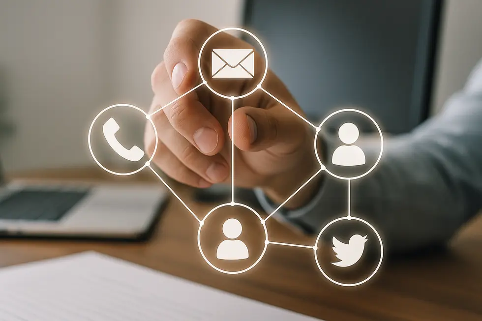 An interconnected network of communication channels like email and phone, symbolizing a robust follow-up strategy.