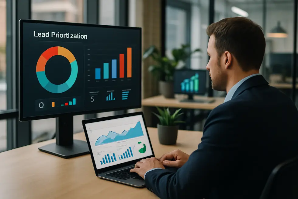 A modern office with digital screens showing lead prioritization metrics and success indicators.