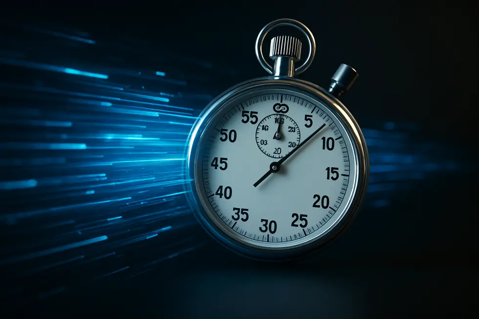 Image blending a stopwatch with digital lines showing AI-enhanced communication speed.
