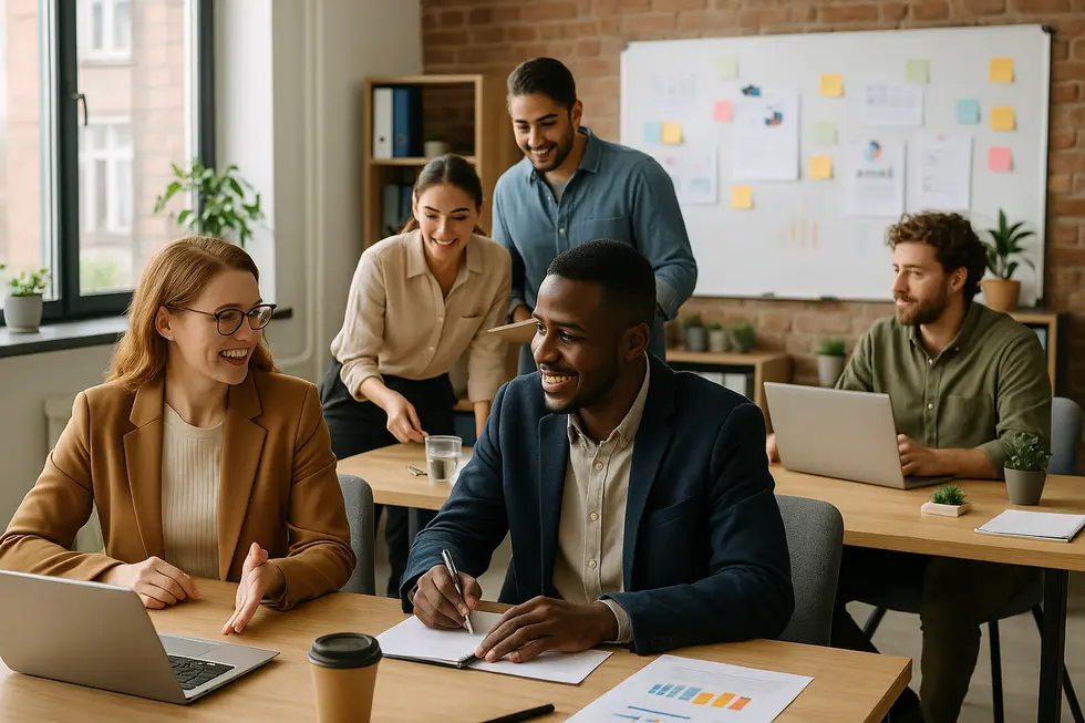 Diverse employees in a modern office setting working together actively.