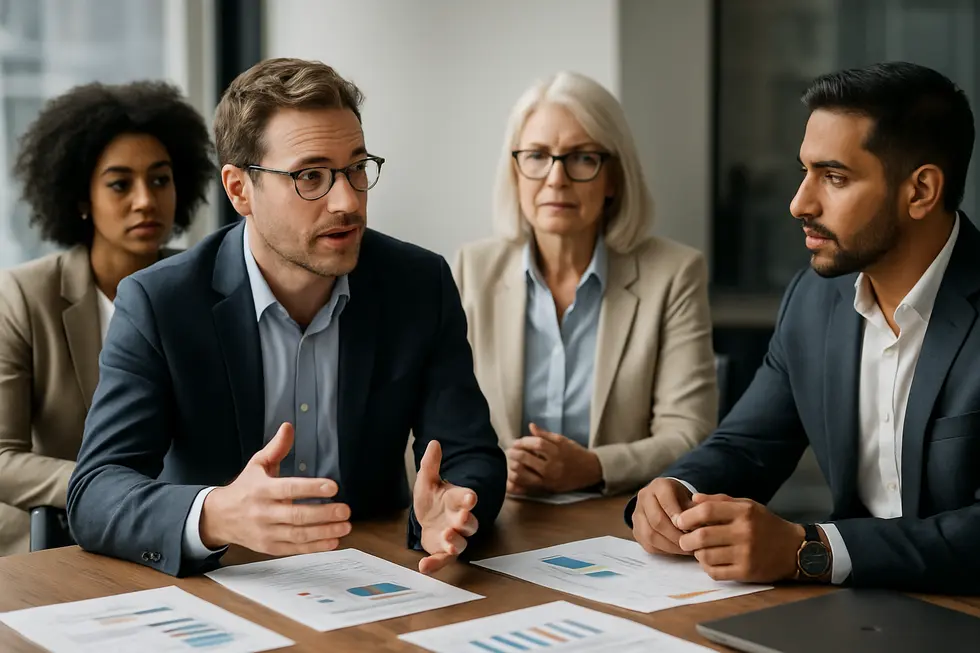 A diverse group of leaders in a boardroom engaged in strategic discussions, symbolizing a shift from managing processes.