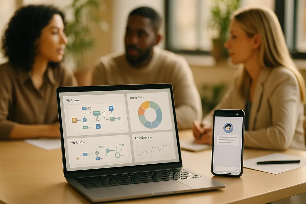 A small-business workspace showing an AI dashboard managing segmentation, workflows, and live chat responses.