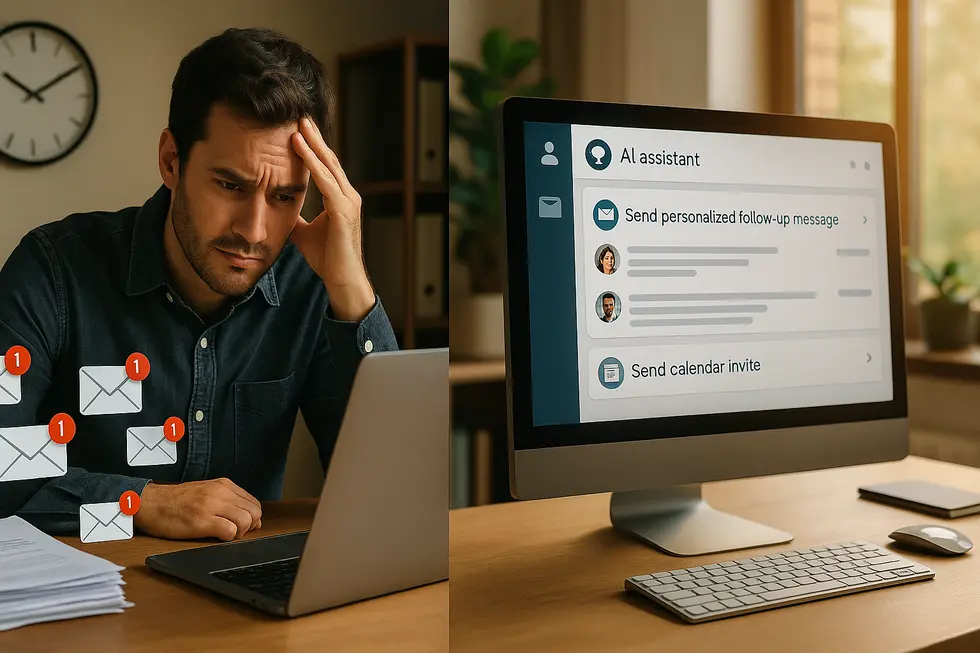 A founder frustrated by slow, manual follow-ups contrasted with an AI assistant sending instant personalized messages.