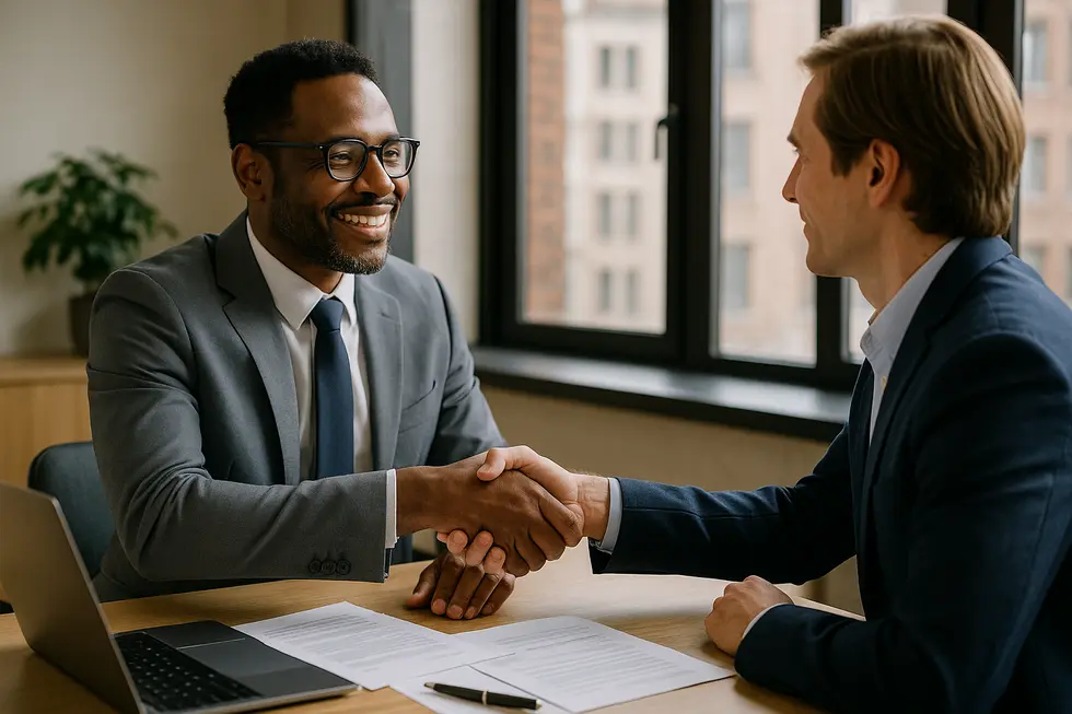 A business handshake symbolizing successful negotiations and resolutions following thoughtful decision-making.