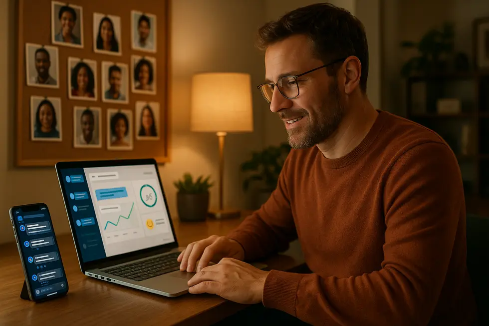 A small business owner responding to real-time customer messages and dashboards that measure engagement and micro-moments.