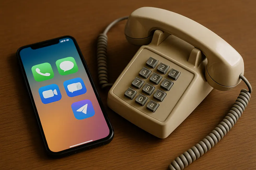 Mobile devices and apps juxtaposed with a traditional landline phone indicative of changing communication trends.