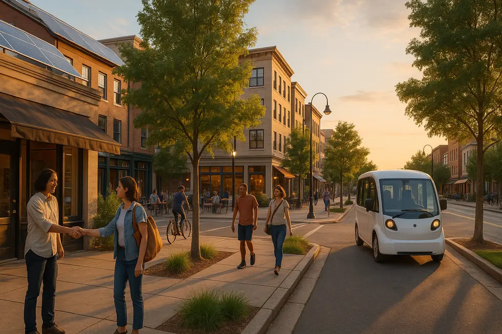 A compact mixed-use block showing retail, housing above, and pedestrian activity that supports local businesses.