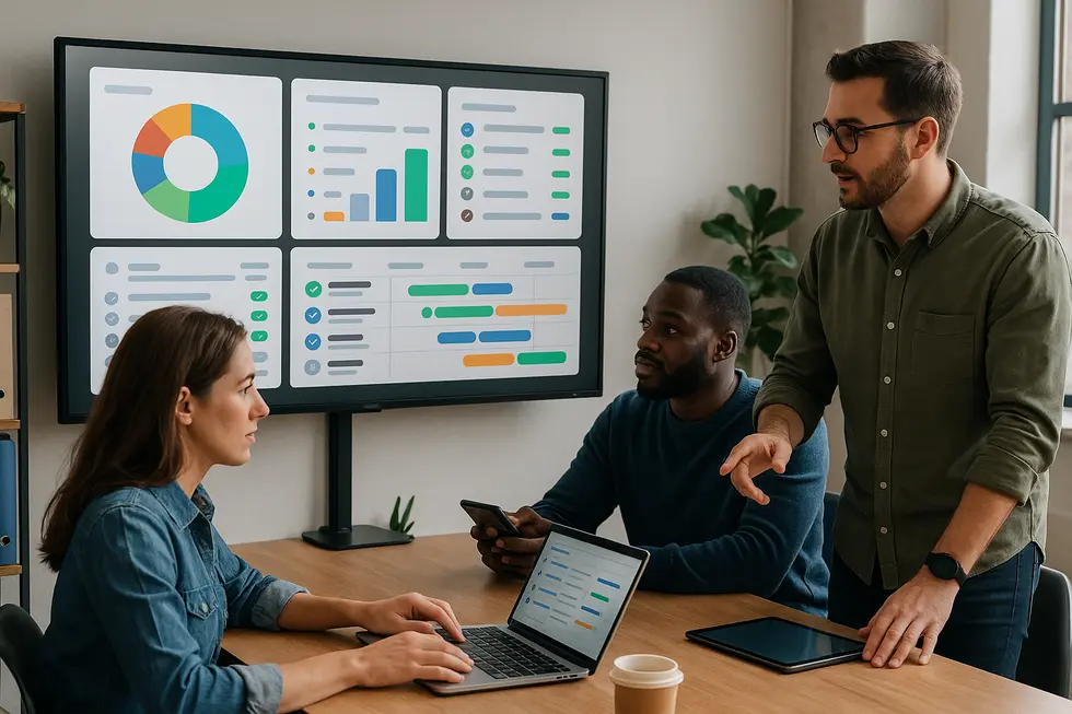 A small business team using task prioritization and workflow simplification techniques to overcome digital overload.