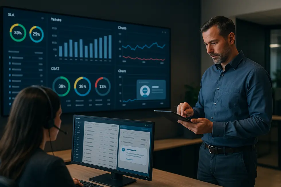 An overwhelmed support agent and owner watching ticket backlogs and churn signals that show how ignored customers hit trust and revenue.