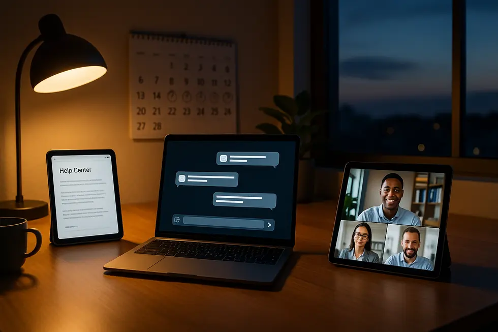 Small business desk at dusk showing a laptop with chatbot, tablet with help center, and a video call representing outsourced support across time zones.