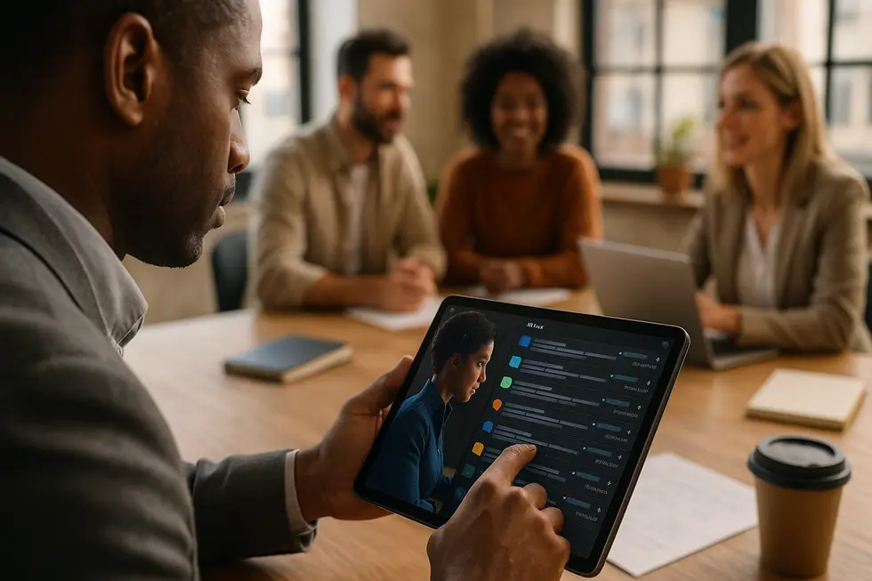 A salesperson using a tablet that displays an AI dashboard of live conversations while team members collaborate in the background.