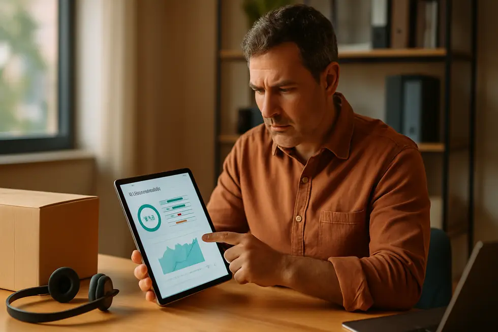 Small business owner at desk looking at customer metrics on a tablet with a delivery box and headset visible, illustrating the connection between first impressions and revenue.