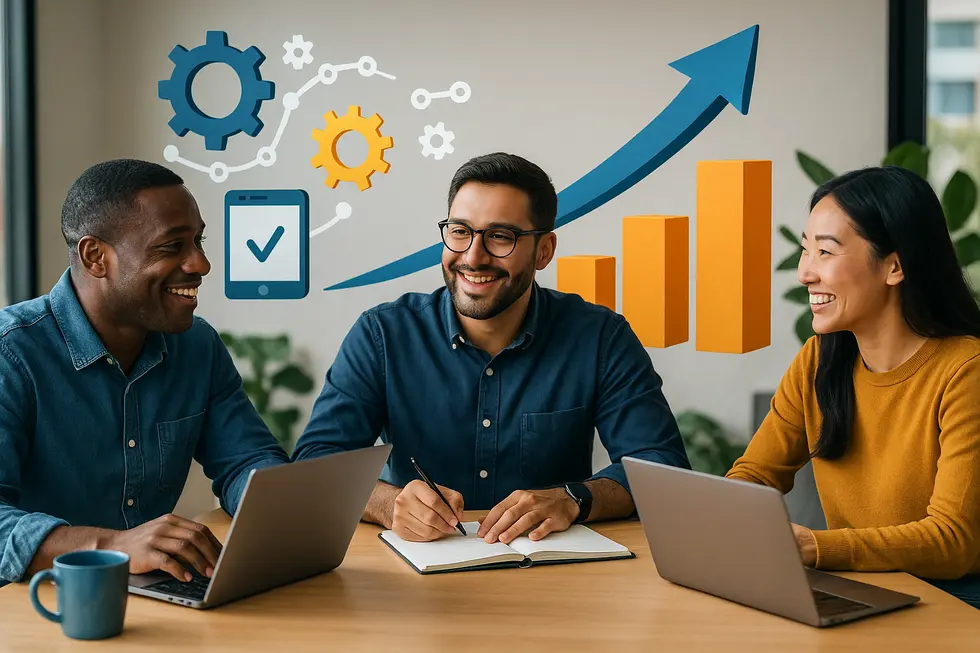 A collaborative team with technology supporting business growth without new hires.