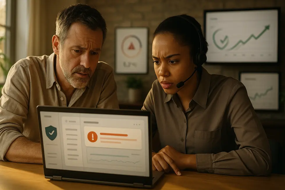 Business owner and customer service agent reviewing a customer ticket on a laptop with a dashboard of churn and customer lifetime value in the background.