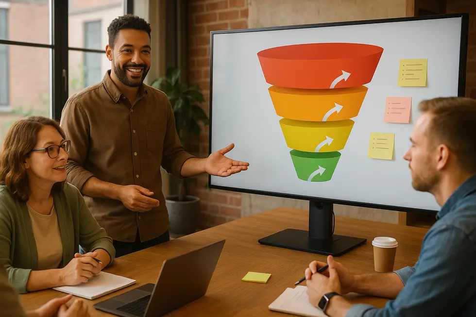 Small business team looking at a sales funnel dashboard with stage metrics and action notes.