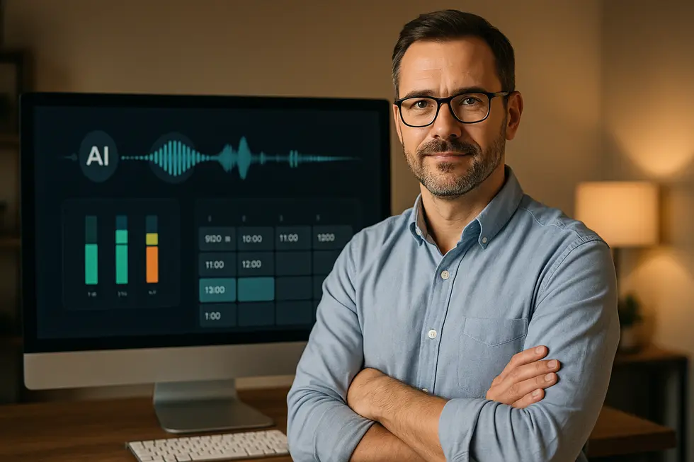 Small business owner viewing a large display showing AI voice agent waveforms, lead scores, and calendar bookings.