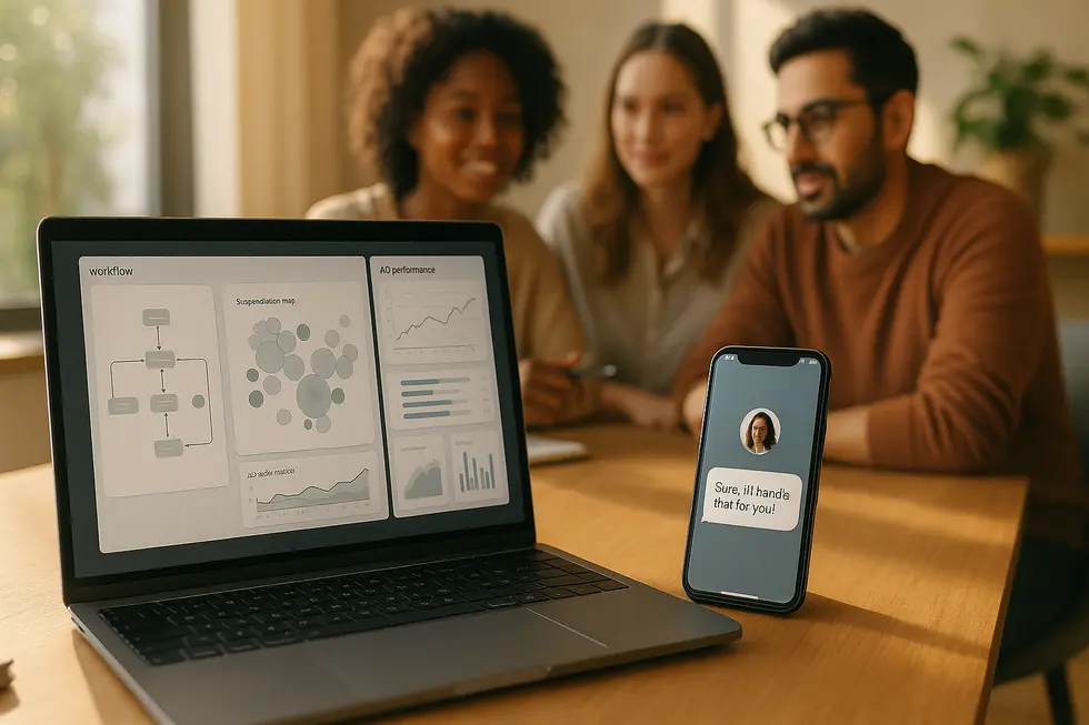 Cover image showing a laptop with an AI marketing dashboard, smartphone with chat reply, and a small team collaborating in the background.