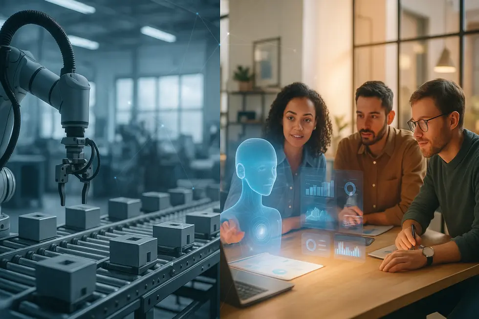 Cover image showing a split scene of mechanical automation and a team collaborating with an AI assistant to symbolize the choice between automation and AI agents.