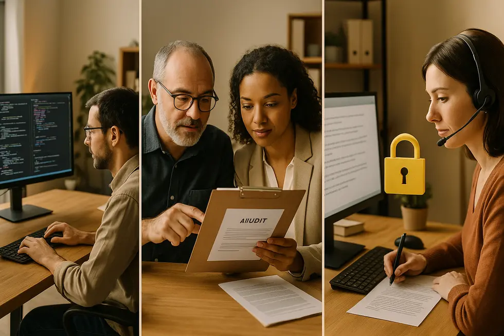 Three-panel view of a small business: developer working on integrations, owner reviewing legal AI audit, and staff editing AI suggestions with security emphasis.