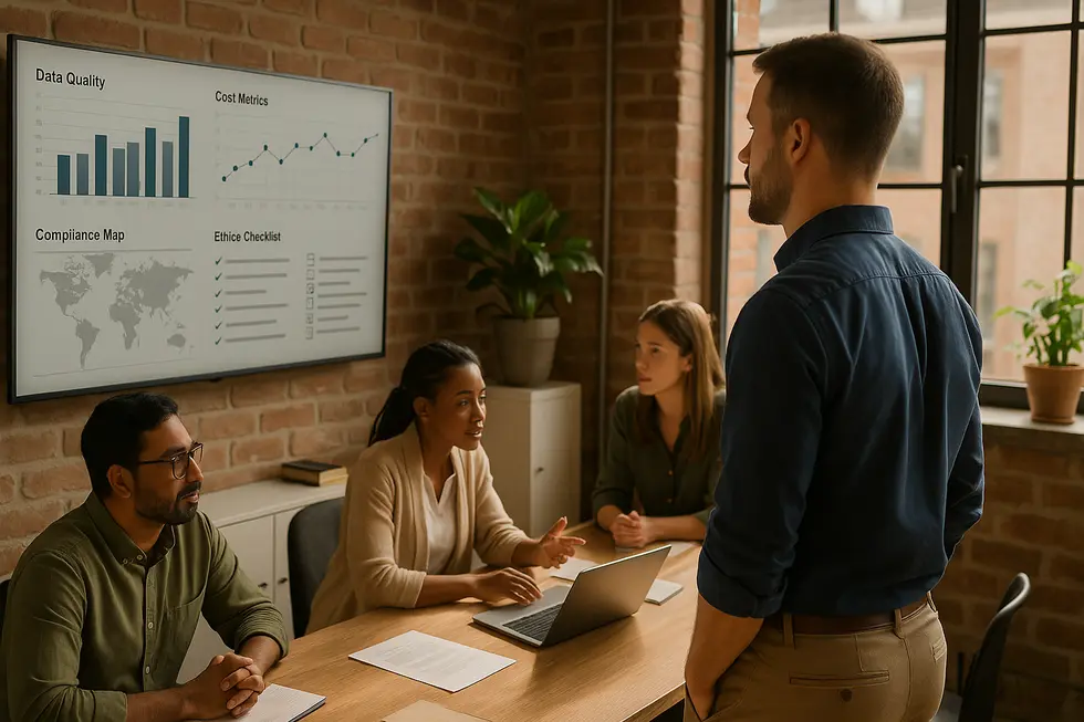 Small business team reviewing an integrated dashboard showing data quality, cost metrics, compliance regions, and governance checklists that together enable a great AI agent.