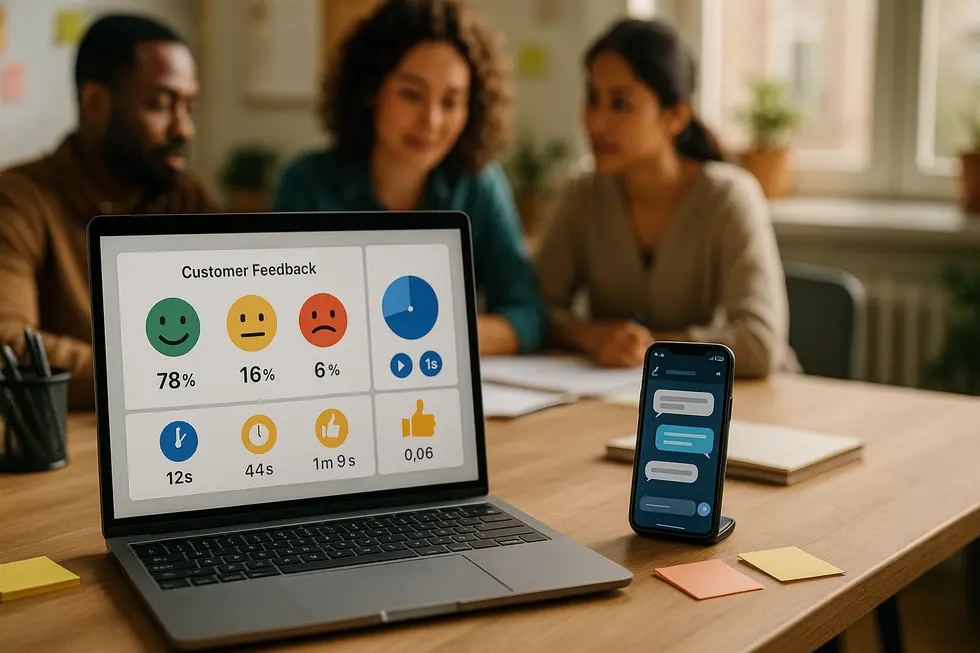Workspace with laptop and smartphone showing live customer feedback and response metrics, with team members collaborating in the background.