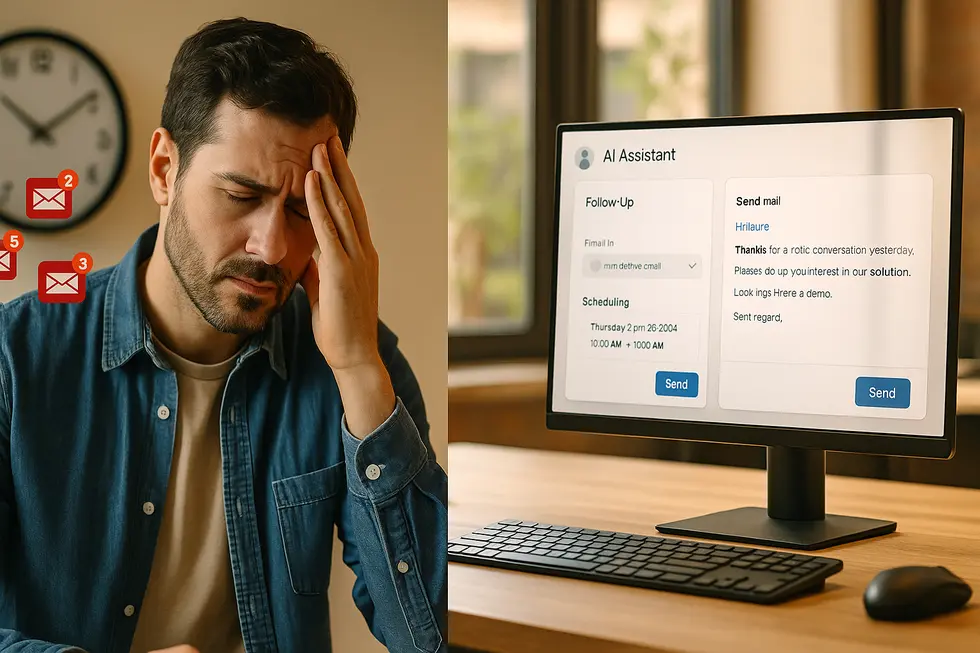 Split image: a small business owner overwhelmed by emails on one side and an AI dashboard sending instant follow-ups on the other.