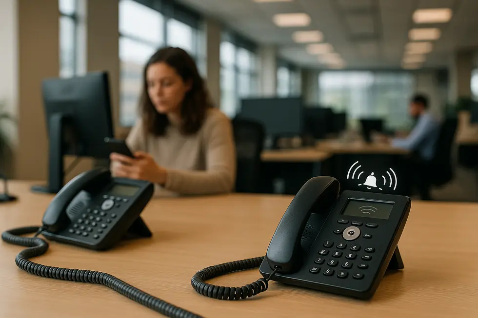 Phones ringing unattended in an office, signifying the shift towards alternative communication preferences.