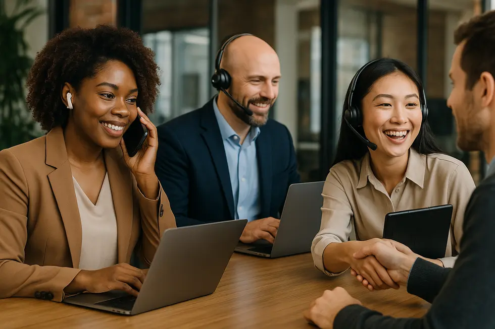 Diverse team interacting with customers using technology to illustrate high-growth customer interaction strategies.
