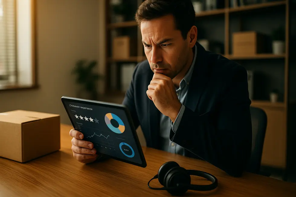 A small business desk showing CRM metrics, a damaged delivery box, and LTV calculations to visualize lost revenue from poor first impressions.
