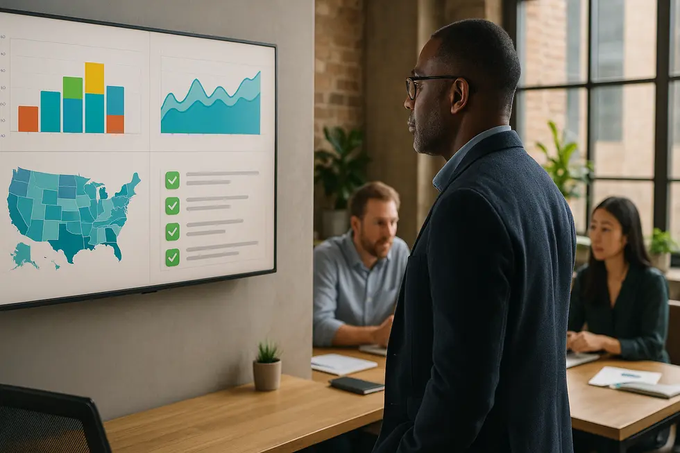 A manager reviews synchronized data dashboards that power a reliable AI agent.