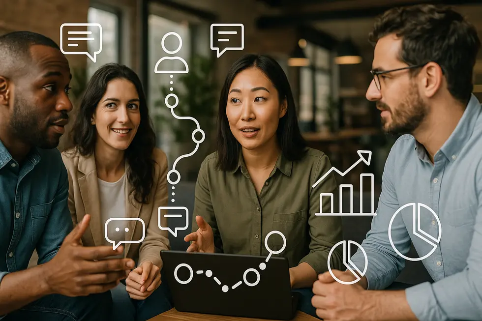 A group of diverse business owners engaged in a discussion about customer journeys and storytelling.