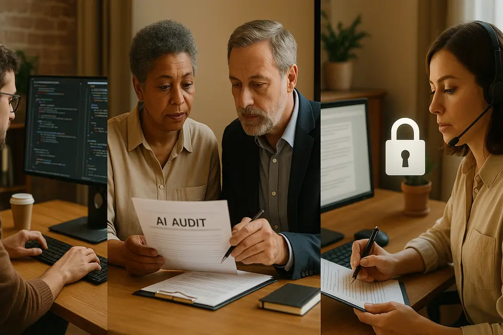 A small business team plans integration between legacy systems and an AI model to highlight the technical work required.