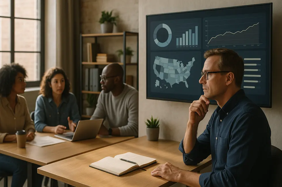 A manager reviews synchronized data dashboards that power a reliable AI agent.