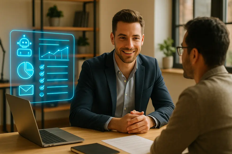 Human sales expertise supported by AI automation to balance efficiency and relationship-driven selling. A salesperson speaking with a client in an office while an AI dashboard visualization indicates automated sales tasks in the background.