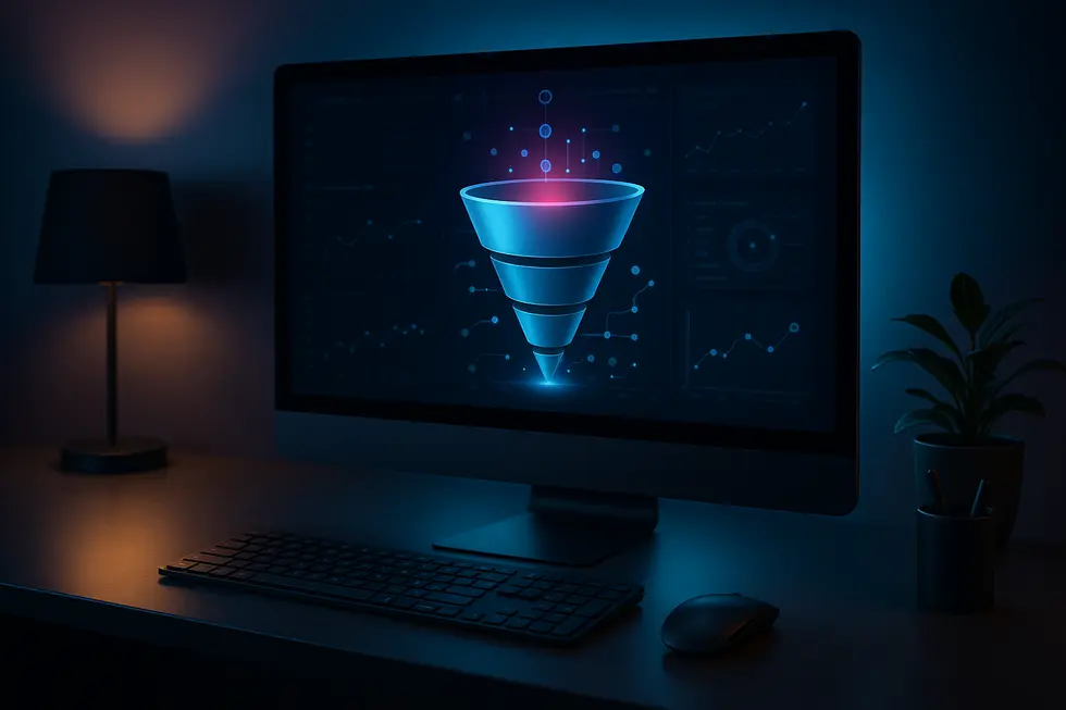 An image of a modern workspace with a computer showing an automated sales funnel process in progress.